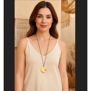 J. Jill Gold Tone Necklace Double Circle Pendant Braided Cord Adjustable Boho